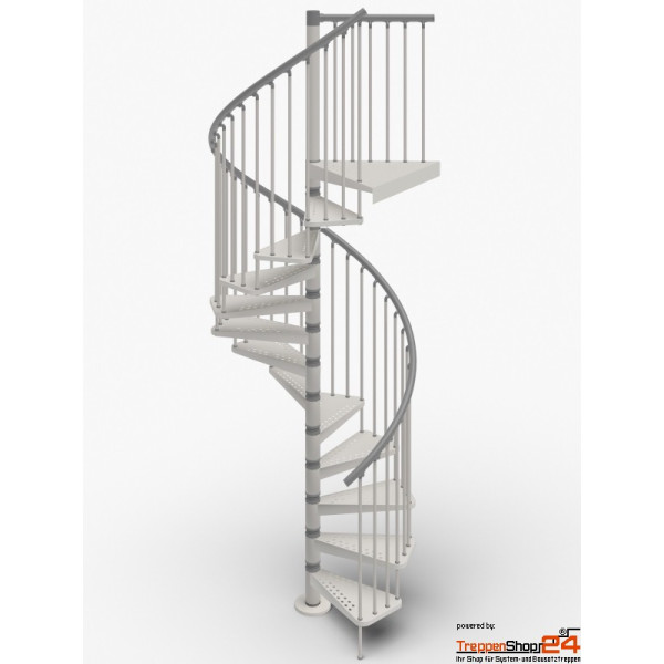 Spindeltreppe Exterior Zink Color Ø140 cm mit 13 Steigungen (12 Stufen + Podest inkl. Podestgeländer) verzinkt und pulverbeschichtet Weiß oder Schwarz für eine Geschoßhöhe von 210 - 299 cm, erweiterbar bis 368 cm, inkl. Geländer und durchgehendem Kunststoffhandlauf.