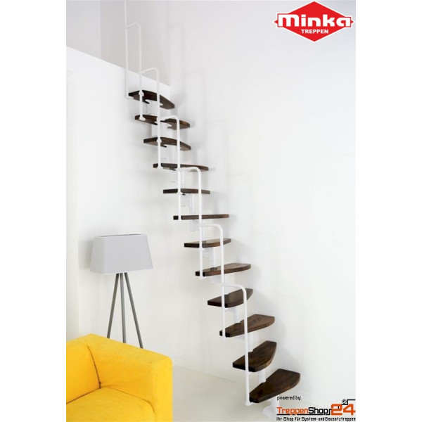 Raumspartreppe Monaco mit 12 wechselseitig begehbaren Stufen aus Buche, inkl. einseitigem Bügelgeländer, für eine Geschosshöhe von 172 - 293,8 cm, Treppenbreite 63 cm, Metallteile pulverbeschichtet weiß, grau oder schwarz