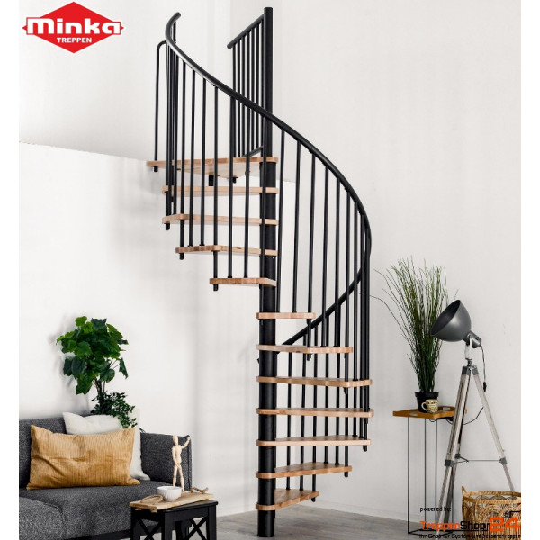 Spindeltreppe Spiral Smart Ø 140 cm, 13 Steigungen (12 Stufen + Podest) für Höhe 171-305,5 cm, Buchenstufen versiegelt, inkl. Geländer mit Kunststoffhandlauf, Metallteile pulverbeschichtet schwarz, grau oder weiss.