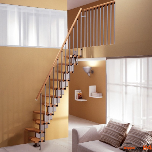 Raumspartreppe Mini Plus mit 10 wechselseitig begehbaren Stufen aus Buche keilgezinkt gebleicht oder gebeizt, inkl. einseitigem Geländer mit Holzhandlauf, für eine Geschosshöhe von 221 -  261 cm, Treppenbreite 64 cm, Metallteile pulverbeschichtet