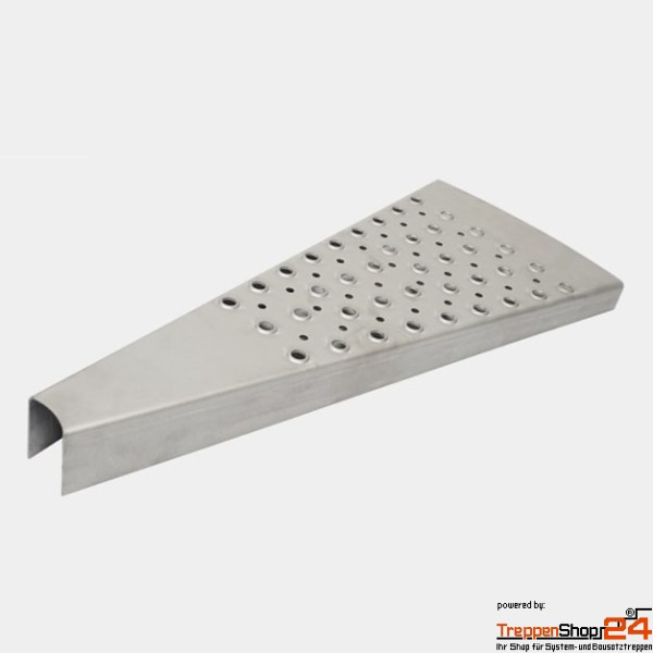 Spindelstufe K mit Radius 800 mm, Stufenwinkel 20° aus 3 mm Stahlblech, roh-unverzinkt, Rutschhemmung nach Bewertungsgruppe R10/V10, für rechts- und linksläufige Treppen verwendbar, Lochung der Oberfläche Ø 14 mm