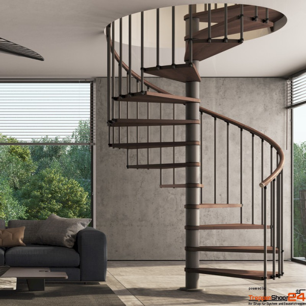 Spindeltreppe Phola Ø 120 cm mit 12 Steigungen Buche natur oder gebeizt inkl. Podest inkl. Geländer mit senkrechten Stäben und segmentiertem Holzhandlauf, Geschosshöhe 246 - 288 cm, Metallteile pulverbeschichtet.