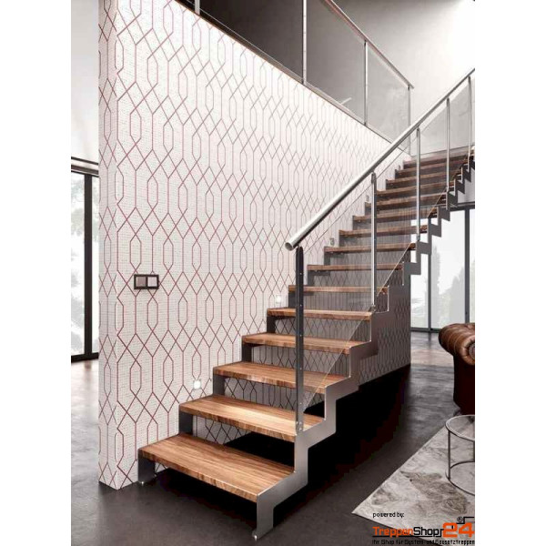 Stahlwangentreppe Ibisco N Inox Bilama als Maßanfertigung gerade aus Buche natur oder gebeizt, Materialstärke ca. 40 mm, alle Metallteile pulverbeschichtet, optional mit Geländer aus Edelstahlpfosten 40 x 8 mm dazwischen geschraubten Glaspanellen 4+4 mm extra hell und einem Edelstahlhandlauf. Stahlwangen abgetrepppt in Zick-Zack Form haben eine Stärke von 10 mm die Höhe ist abhängig von der Länge der Wangen und den statischen Erfordernissen.