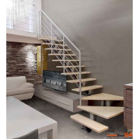 Mittelholmtreppe Geranio B als Maßanfertigung gerade Stufen aus Buche natur oder gebeizt, Materialstärke ca. 40 mm, Mittelholm aus Stahl 100 x 100 mm, optional mit Geländer aus Stahlpfosten Ø42 mm mit 5 Untergurten aus Stahl Ø10 mm und einem Stahlhandlauf Ø42 mm, alle Metallteile pulverbeschichtet.