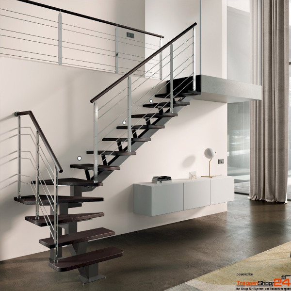 Mittelholmtreppe Geranio D als Maßanfertigung gerade Stufen aus Buche natur oder gebeizt, Materialstärke ca. 40 mm, Mittelholm aus Stahl 100 x 100 mm, optional mit Geländer aus Pfosten 40x8 mm mit 6 Untergurten aus Edelstahl Ø10 mm und einem Edelstahlhandlauf Ø42 mm oder Holzhandlauf Ø50 mm, alle Metallteile pulverbeschichtet.