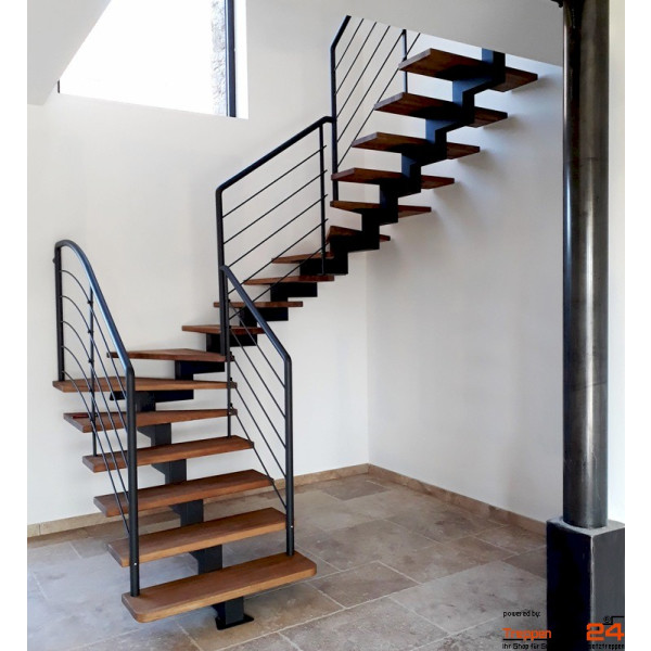 Mittelholmtreppe Geranio B Zick Zack als Maßanfertigung gerade Stufen aus Buche natur oder gebeizt, Materialstärke ca. 40 mm, Mittelholm aus Stahl 100 x 100 mm in Zick Zack Form auf Wunsch in der Länge geteilt gegen Aufpreis, optional mit Geländer aus Stahlpfosten Ø42 mm mit 5 Untergurten aus Stahl Ø10 mm und einem Stahlhandlauf Ø42 mm, alle Metallteile pulverbeschichtet.