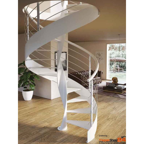 Spindeltreppe Ortensia C Steel Ø 120 cm, 12 Steigungen (11 Stufen + Podest), Geschosshöhe 240 - 270 cm, mit Aussen- und Innenwange mit Stahlblechstufen 10 mm, inkl. Relinggeländer mit 5 Untergurten aus Edelstahl, alle Metallteile pulverbeschichtet.