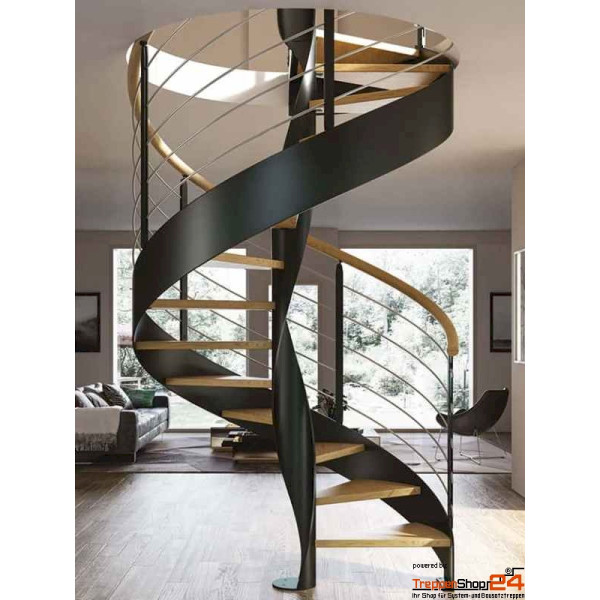 Spindeltreppe Ortensia CL Ø 170 cm, 12 Steigungen (11 Stufen + Podest), Geschosshöhe 240 - 270 cm, mit Aussen- und Innenwange mit Massivholzstufen aus Buche, inkl. Relinggeländer mit 5 Untergurten aus Edelstahl und durchgendender Massivholzhandlauf, alle Metallteile pulverbeschichtet.
