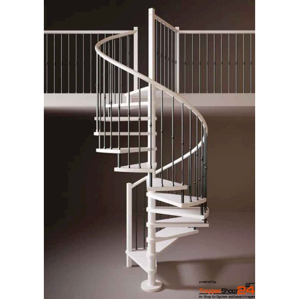 Spindeltreppe Chris  Ø 110 cm, 12 Steigungen (11 Stufen + Podest) aus Buche, inkl. Einzelstabgeländer mit durchgehendem Holzhandlauf Ø 50 mm und senkrechten Geländerstäben mit Zierteil Ø 16 mm.