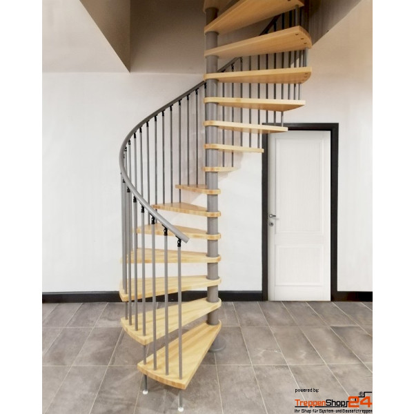 Spindeltreppe Arnica Ø 100 cm, 12 Steigungen (11 Stufen + Podest) aus Buche natur oder gebeizt, Geländer mit Aluminiumhandlauf Ø 40 mm und senkrechte Geländerstäbe Ø 22 mm. alle Metallteile pulverbeschichtet.