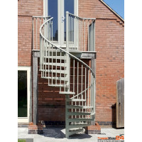Spindeltreppe Mughetto Zink Ø 170 cm, 12 Steigungen (11 Stufen + Podest), Geschosshöhe 240 - 270 cm, Stufen und Podest aus gekantetem Riffelblech, inkl. Geländer Aluminium Handlauf Ø 40 mm (nicht vormontiert) und senkrechten Geländerstäben Ø 22 mm. Alle Metallteile feuerverzinkt gegen Mehrpreis auch pulverbeschichtet lieferbar.