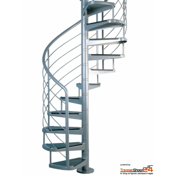 Spindeltreppe Gladiolo Ø 130 cm, mit 12 Steigungen (11 Stufen + Standardpodest), Geschosshöhe 216 - 258 cm, gepresste Stahlblechstufen, inkl. Relingeländer mit Stahlhandlauf Ø 42,4 mm und 5 Untergurten Ø 10 mm, Metallteile pulverbeschichtet.