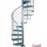 Spindeltreppe Gladiolo Ø 180 cm, mit 12 Steigungen (11 Stufen + Standardpodest), Geschosshöhe 216 - 258 cm, gepresste Stahlblechstufen, inkl. Relingeländer mit Stahlhandlauf Ø 42,4 mm und 5 Untergurten Ø 10 mm, Metallteile pulverbeschichtet.