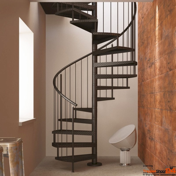 Spindeltreppe Camelia Ø 120 cm mit 12 Steigungen (11 Stufen + Podest) für eine Geschoßhöhe von 216 - 258 cm, Stufen und Podest aus Stahlblech, inkl. Treppen- und Podestgeländer mit senkrechten Rundstäben Ø 10 mm Geländerpfosten Ø 30 mm und Stahlhandlauf Ø 42,4 mm, alle Metallteile pulverbeschichtet.