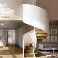 Spindeltreppe Croco Ø 150 cm, 12 Steigungen (11 Stufen + Podest), Geschosshöhe 240 - 270 cm, mit Aussen- und Innenwange mit Massivholzstufen aus Buche, die Aussenwange ist Geländer hoch 8 mm stark. Alle Metallteile pulverbeschichtet.