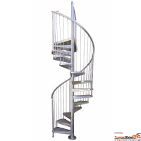 Spindeltreppe Camelia Zink Ø 140 cm mit 12 Steigungen (11 Stufen + Podest) aus gestpressten Stahlblechstufen inkl. Austrittspodest sowie Treppen- und Podestgeländer mit senkrechten Rundstäben und Stahlhandlauf, alle Metallteile feuerverzinkt.