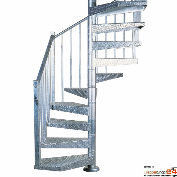Spindeltreppe Narzisse 110x110 cm mit quadratischem Grundriss mit 12 Steigungen (11 Stufen + Podest) mit geschweißten Riffelblechstufen, Geschoßhöhe 216 - 258 cm inkl. Geländer mit senkrechten Quadratstäben 20x20 mm, Stahlhandlauf und Pfosten, alle Metallteile feuerverzinkt.