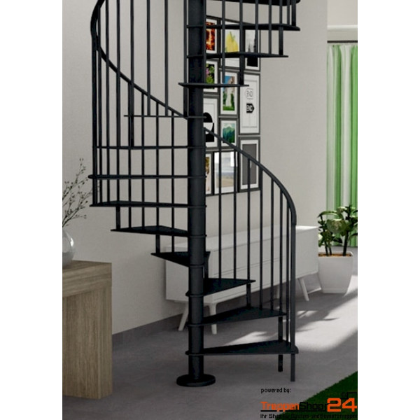 Spindeltreppe Style Ø 120 cm, 12 Steigungen (11 Stufen + Standardpodest), Geschosshöhe 216 - 258 cm, Stahlblechstufen 10 mm geschlietzt, inkl. Geländer mit senkrechten Stäben Ø 10 mm, Zwischenpfosten Ø 30 mm + Stahlhandlauf halbrund ca. 35 mm. Alle Stahlteile pulverbeschichtet.