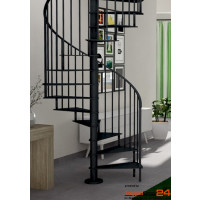 Spindeltreppe Style Ø 120 cm, 12 Steigungen (11 Stufen + Standardpodest), Geschosshöhe 216 - 258 cm, Stahlblechstufen 10 mm geschlietzt, inkl. Geländer mit senkrechten Stäben Ø 10 mm, Zwischenpfosten Ø 30 mm + Stahlhandlauf halbrund ca. 35 mm. Alle Stahlteile pulverbeschichtet.