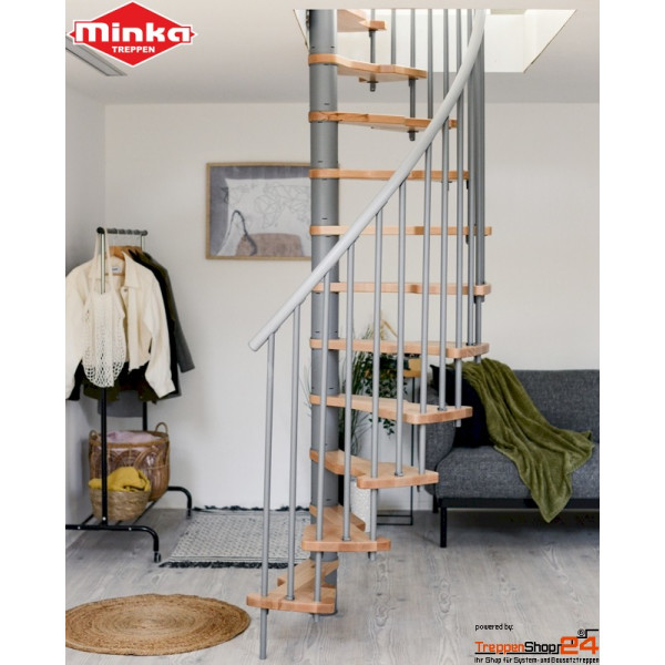 Sparspindeltreppe Metallica Smart Ø 130 x 78 cm mit 12 Sparstufen (wechselseitig begehbar) aus Buche 35 mm stark versiegelt, Geschosshöhe 228 - 282 cm, inkl. Geländer mit senkrechten Geländerstäben und durchgehendem Kunststoffhandlauf, Alle Beschlagteile aus Metall, Metallteile pulverbeschichtet grau, schwarz oder weiß